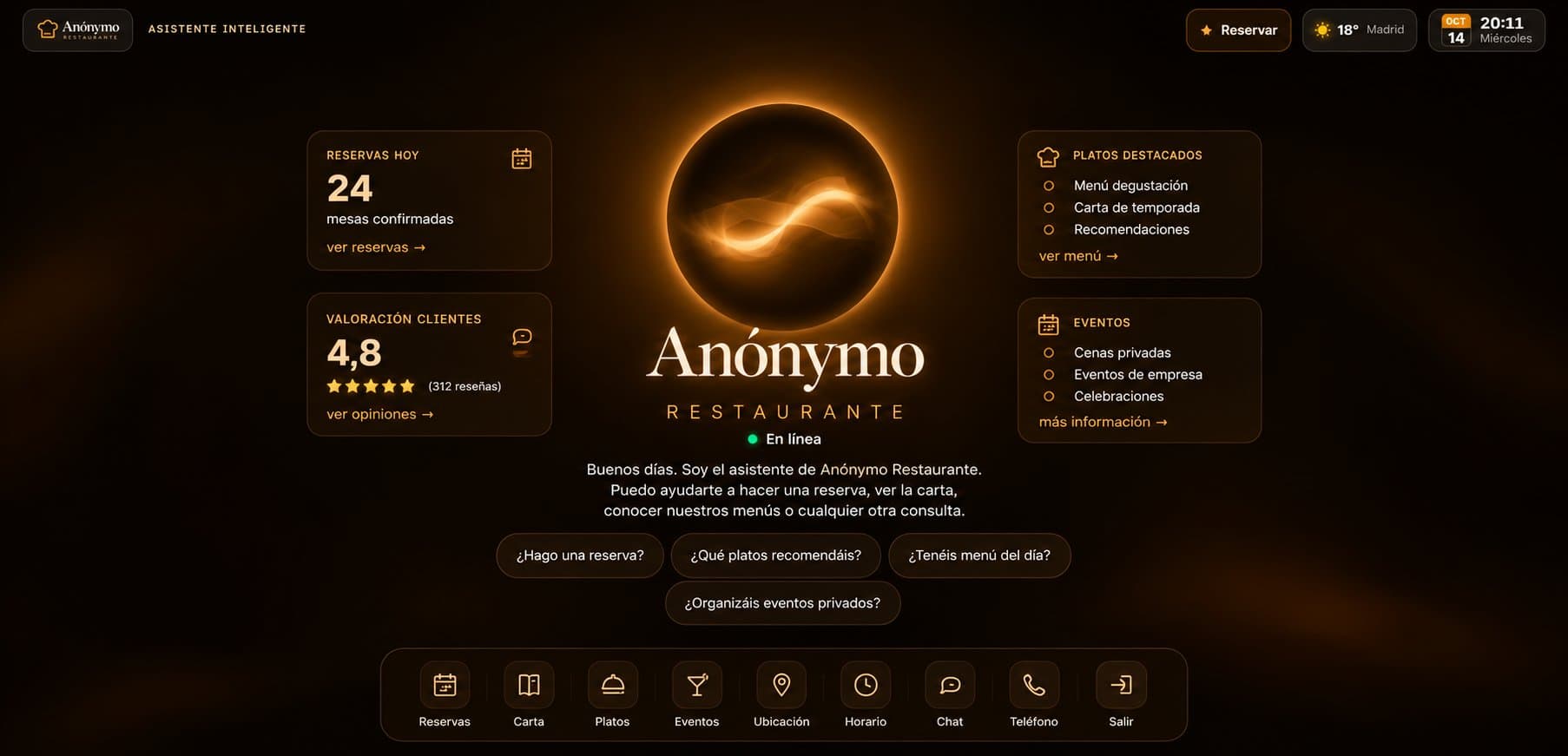 Asistente inteligente de Anónymo Restaurante